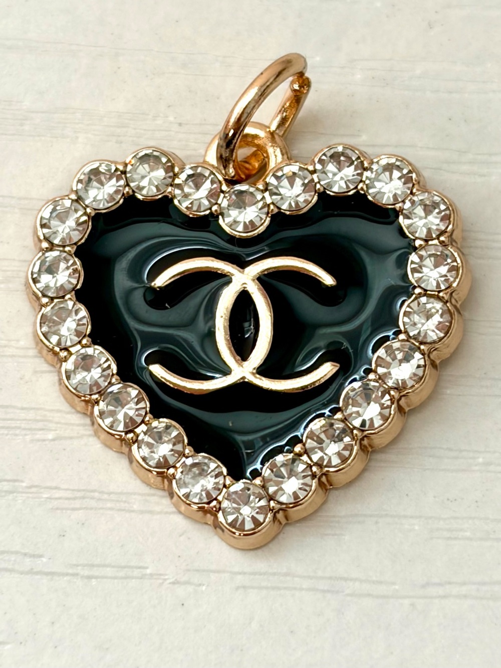 Black and Gold Chanel CC Rhinestone Heart Charm Pendant